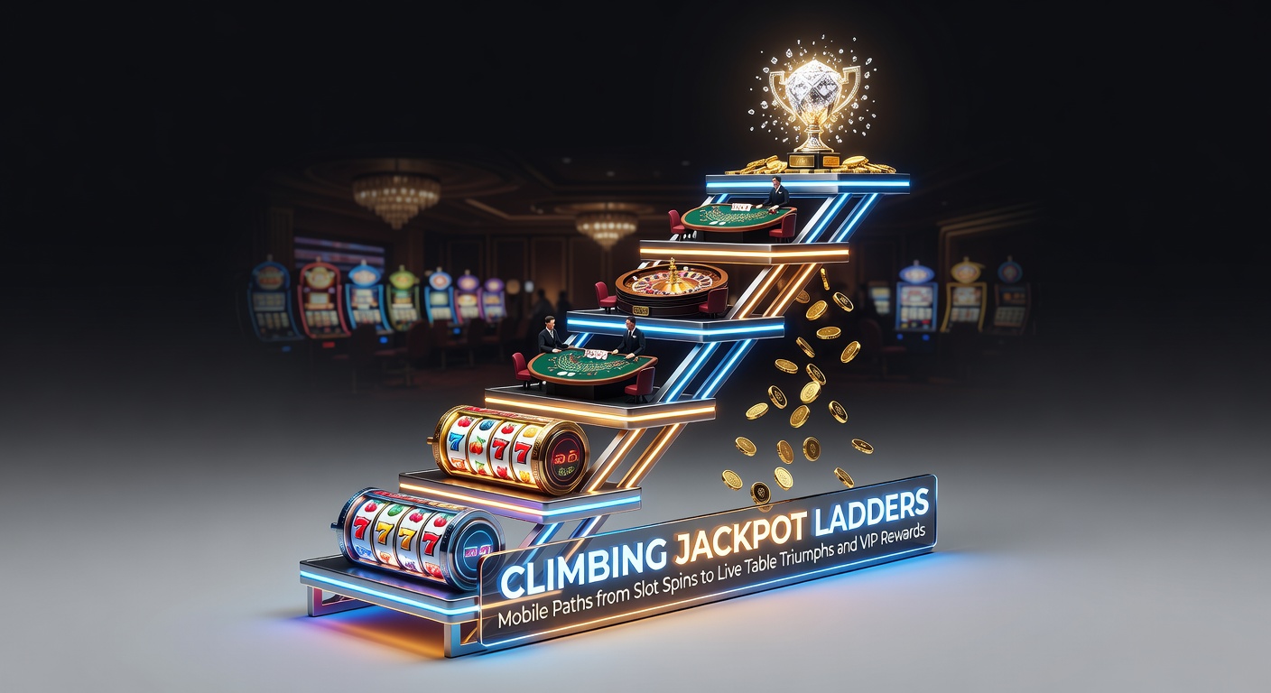 Mobilgerät zeigt Slot-Spiele mit aufsteigenden Jackpot-Leitern und Live-Tisch-Optionen im Vordergrund