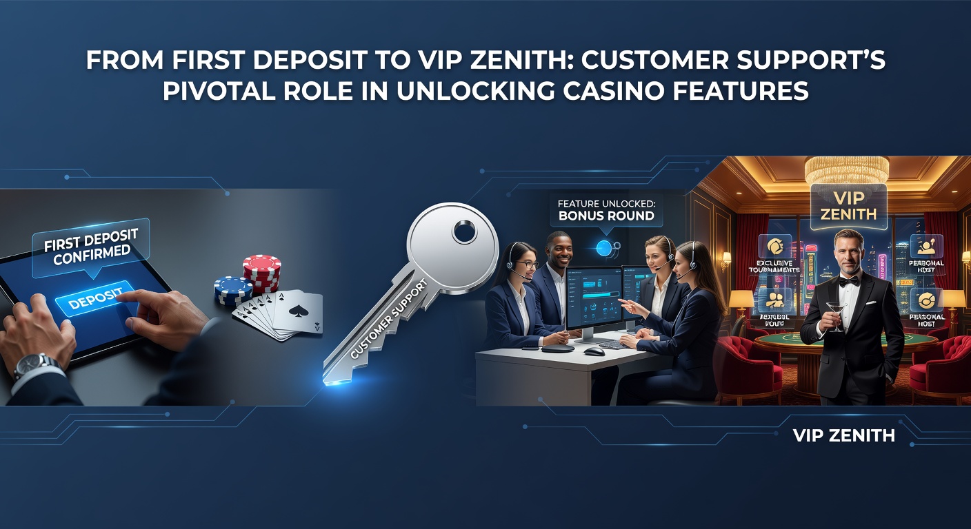 Ein Kundensupport-Teammitglied berät einen Spieler per Chat, während Casino-Features wie VIP-Stufen im Hintergrund leuchten