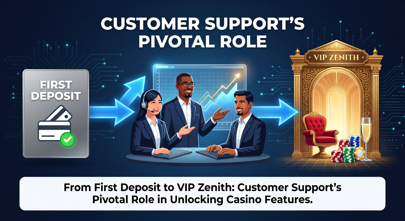 VIP-Symbolik mit Krone und Sternen, umgeben von Support-Icons wie Chat-Blasen und Telefonen, die Casino-Features wie Jackpots und Boni verbinden
