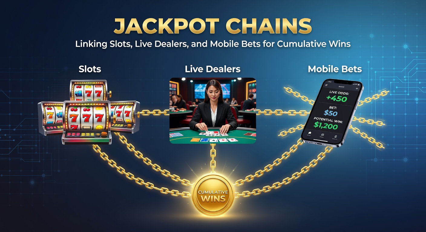 Grafik einer vernetzten Jackpot-Kette, die Slots, Live-Dealer-Tische und mobile Wetten verbindet, mit steigenden Gewinnpfoten im Vordergrund