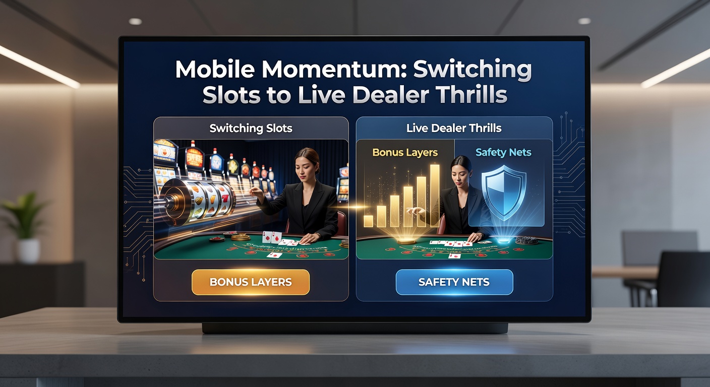 Smartphone mit laufendem Live-Dealer-Spiel und Slot-Maschinen im Hintergrund, das den nahtlosen Wechsel in mobilen Casinos symbolisiert