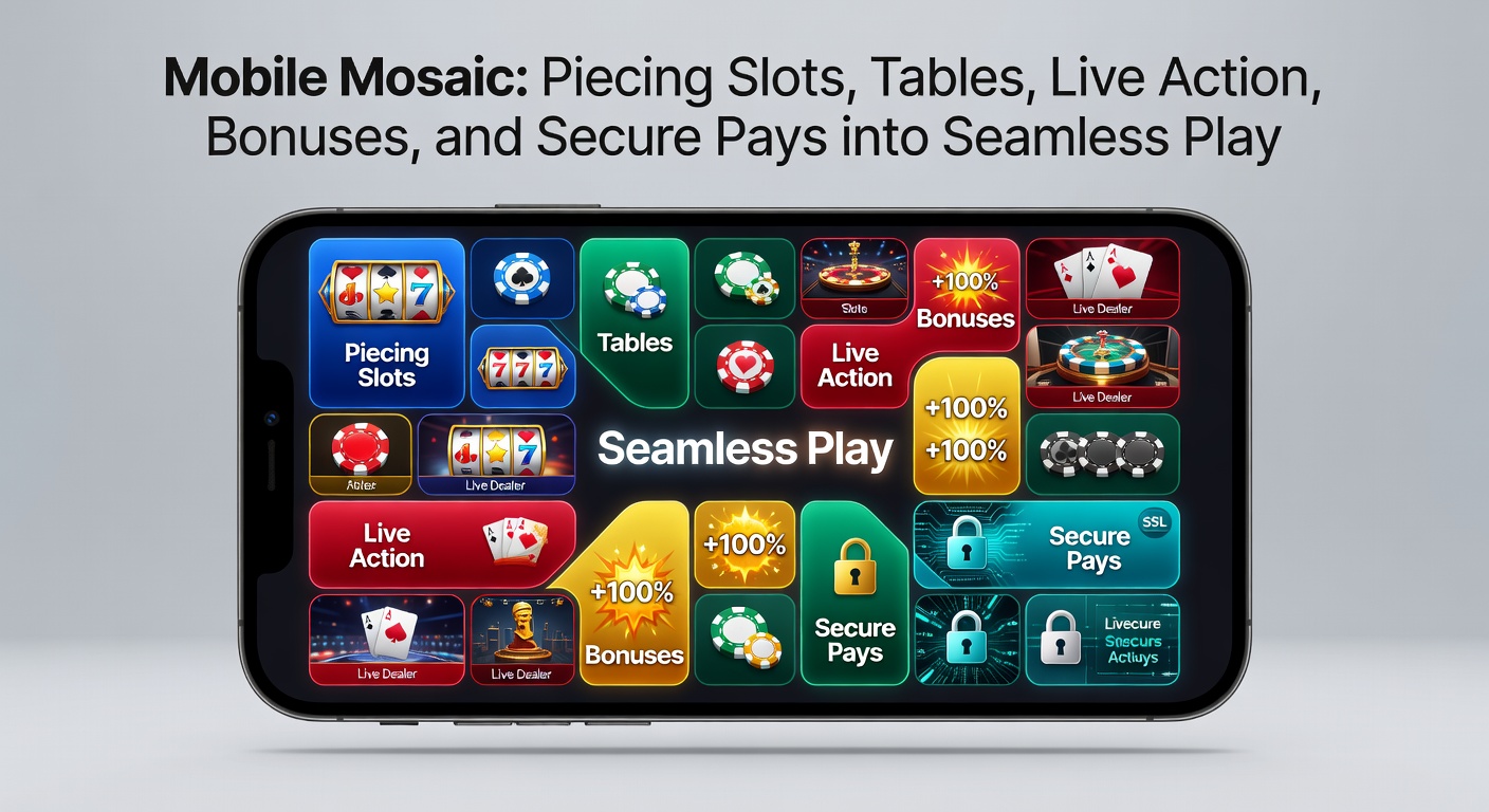Detaillierte Ansicht eines mobilen Casino-Interfaces: Live-Dealer-Tisch neben Slot-Reels, Bonus-Pop-up und Zahlungsbestätigung nahtlos integriert