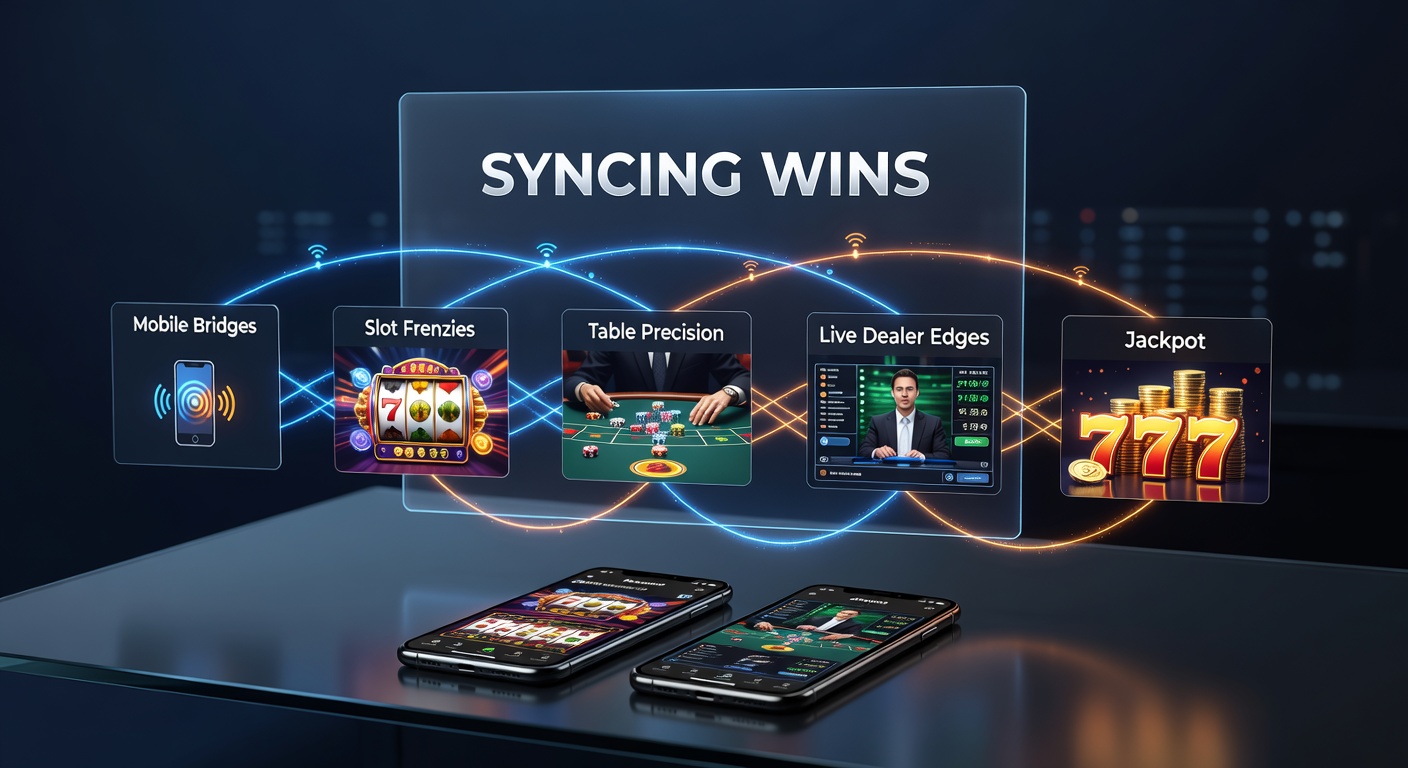 Grafik zeigt mobile Sync-Brücken mit Icons für Slots, Tische, Live-Dealer, Jackpots und Bonus-Stufen in einem vernetzten Netzwerk